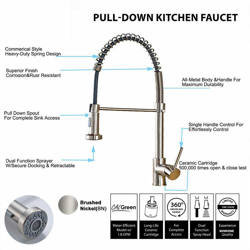 Robinet de cuisine à ressort e - Pull Down Spray Kitchen Faucet Brushed Nickel avis et prix